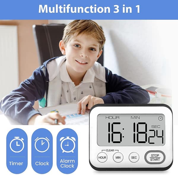 Køkken Timer, Multifunktionel Alarmur, Koge Timer Med Ur, Digital Timer, Stopur Med Stor Digit LCD Skærm