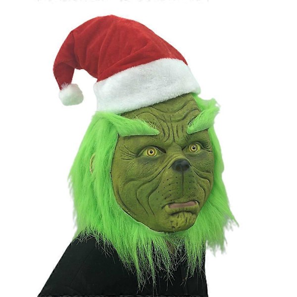 Julenissen Grinch Full Head Latex Maske med Parykk & Julehatt Monster Cosplay Jul Fest Rekvisitt