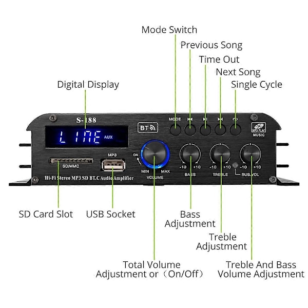 90W S-188 Bluetooth Stereo HiFi Forstærker 2.1 CH Audio Effektforstærker Bas Diskant Kontrol Musik Afspilning