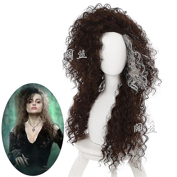 Peruk för Bellatrix Lestrange, Lång Brun Blandad Vågig, Värmebeständig Cosplay Kostym Peruk + Perukhuva