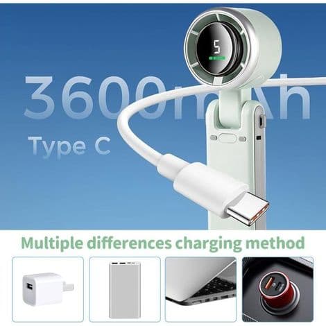 3-i-1 bærbar turboventilator. Sammenfoldelig. USB-interface. 5 blæserhastigheder. 180° justerbar nakkestrop.