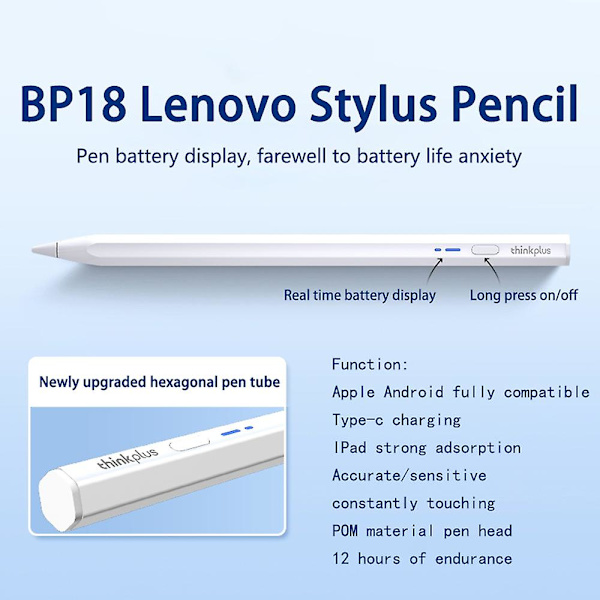 LENOVO Thinkplus BP18 Universal Stylus Pen Magnetisk Touch Pen til Android iOS Tablet