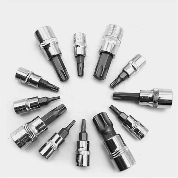 13 stk. Star Torx Bit Socket Sett T8-T70 H2-H14, CRV-piper 1/4 tommer, 3/8 tommer og 1/2 tommer Drive for Håndbruk