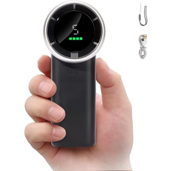 Bærbar turboventilator. Med LED-display. USB genopladelig. 5 blæserhastigheder - Sort.