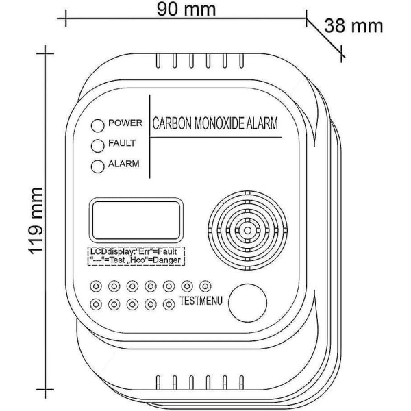 Kolmonoxiddetektor, batteridriven, gasdetektor med display och temperaturmätare