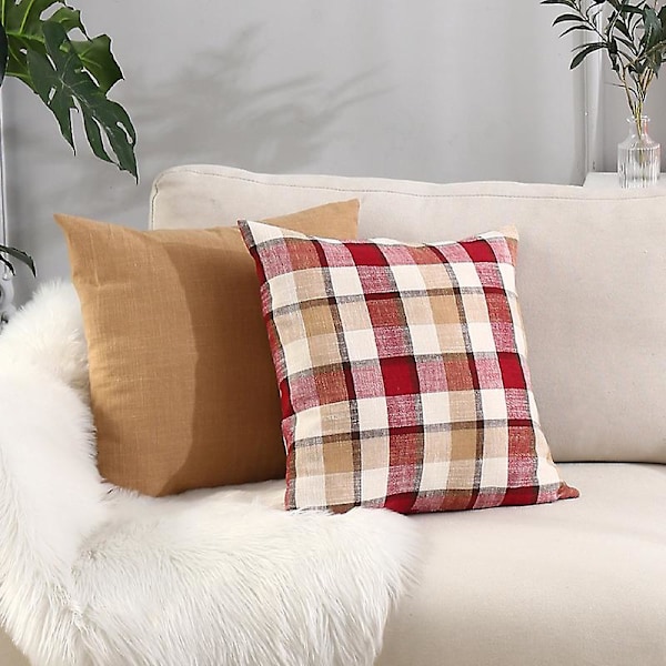 SZTXJ Sett med 2 Dekorative Putesett Plaid Tartan Lin Rustikk Bondegård Kvadratisk Putetrekk for Høst Høstdekor Benk Sofa Sofa Bil Soverom