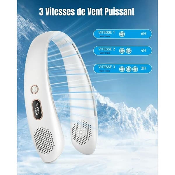 Tre-trins USB-halsventilator med LED-display. Lille bladløs personlig ventilator (hvid).
