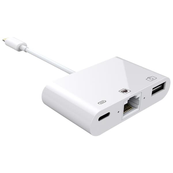 Moniliitinsovitin iPhonelle ja iPadille Lightning-Ethernet-, USB- ja Lightning-liitännöillä