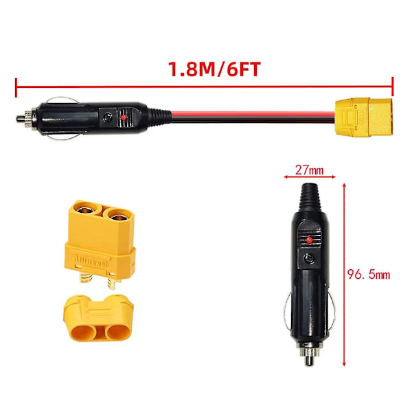 Laderkabel XT90 Hun-stik til Bil-Cigarettænder Han-stik til Solgenerator Kraftværk 14AWG 12V