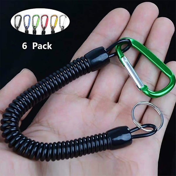 6-delad fiske rep elastisk spiral nyckelring, med färglås, spiral hopfällbar spiralfjäder nyckelkedja