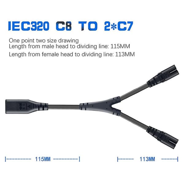 IEC320 C8 til 2X C7 Y-delt AC-strømkabel, IEC Figur 8 Han til 2 Hun 1 ind 2 ud AC-strømkabel