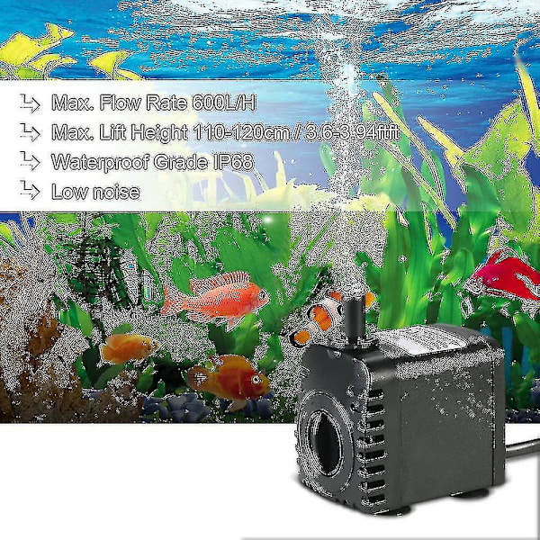 Neddykbar Vannpumpe, 600l/t 8w Vannpumpe, For Akvarium Bordfontener, Damm Vannhager Og Hydroponiske Systemer, Med 2 Dyser, Ac220-240v(b