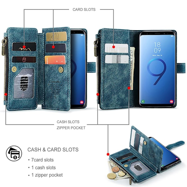 Fodral för Samsung Galaxy S9 Plus Plånboksfodral Hållbart PU-läder Magnetiskt Flip Dragkedja Kortfodral - Blå