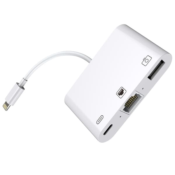 Moniliitinsovitin iPhonelle ja iPadille Lightning-Ethernet-, USB- ja Lightning-liitännöillä