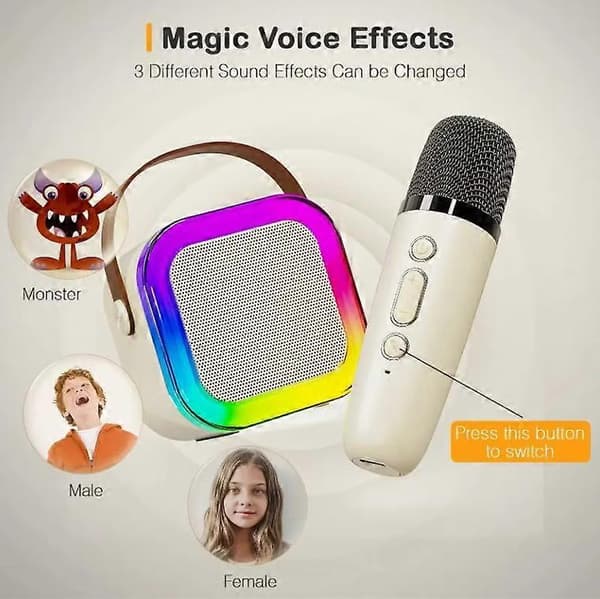 Bærbar Bluetooth Karaoke-høyttaler med 2 trådløse mikrofoner Hvit