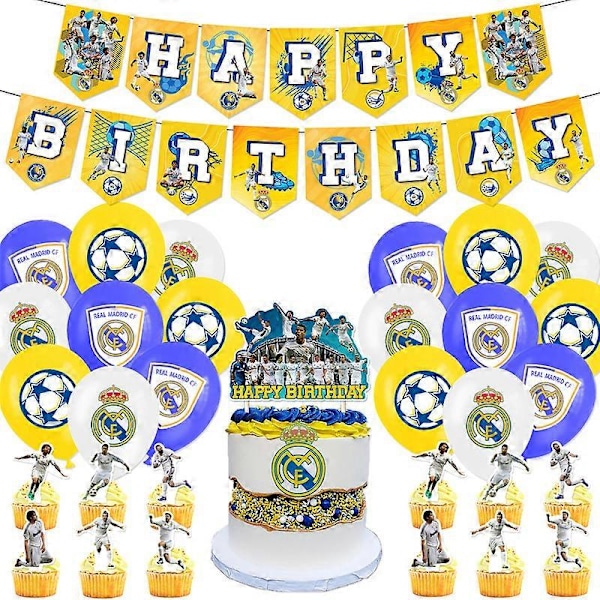 Real Madrid themed birthday party decorations fan boy football team birthday flag cake card balloon arrangement