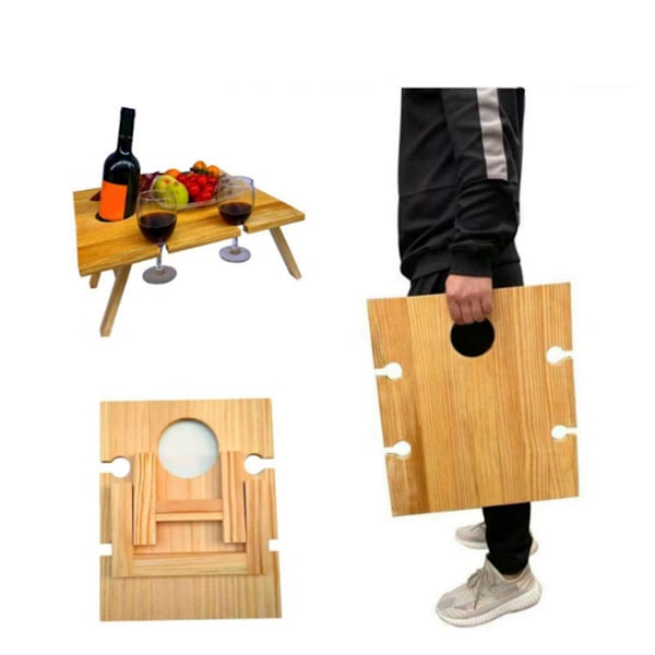 Udendørs Vin Picnic Bord, Foldbar Bærbar Træ Camping Snack Bord, Kan Holde Vinglas og Flasker 30x24cm