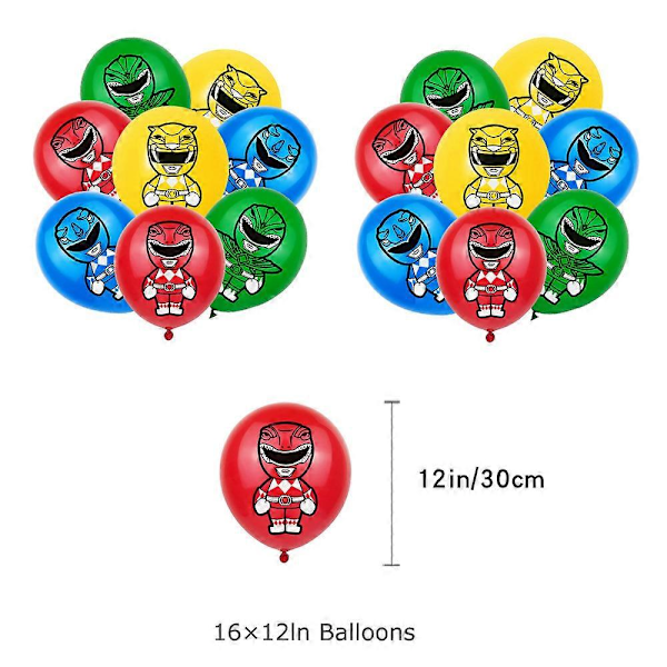 Power Rangers -teemainen syntymäpäiväkoristeet: liput, kakun koristeet, ilmapallot ja cupcake-koristeet