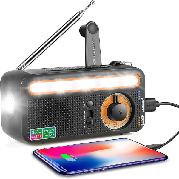 Väderradio, Nödhandvevsradio med solladdare, bärbar batteridriven Am FM kortvågsradio med led ficklampa, USB laddare, larm