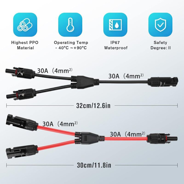 Solpanelkabelstik Professionel 1 til 2 grene Y-stik Soladapter 1000V DC 30A 4mm²