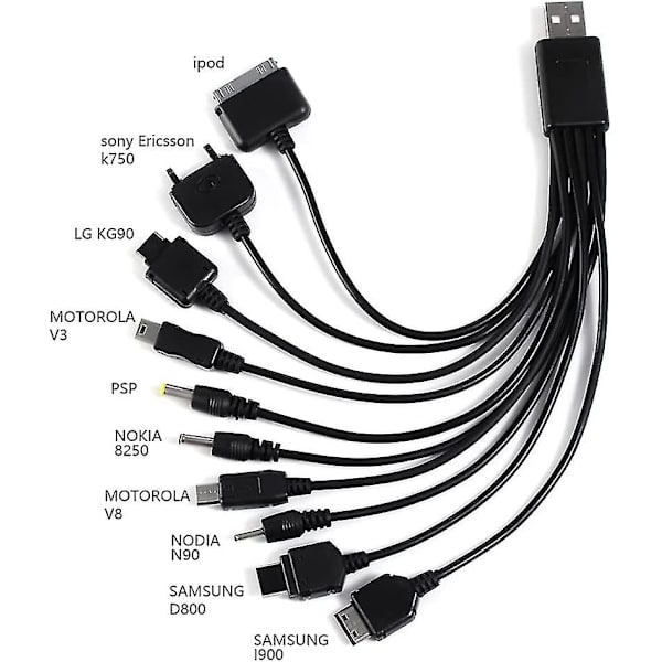 10 i 1 universell USB-laddningskabel multifunktionell laddningssynkroniseringssladd för Ipod Iphone Psp-kamera Nokia Blackberry 1 st