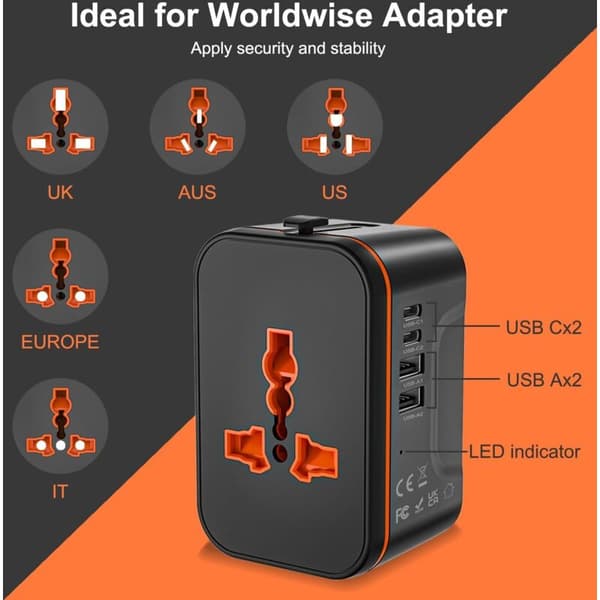 Universal reiseadapter. Universal reiseadapter med 2 USB og 2 USB-C
