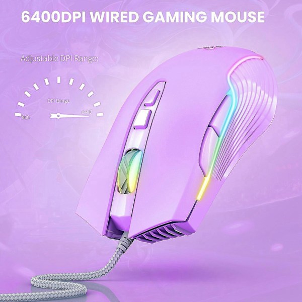 Onikuma Cw905 Trådbunden Mus 6400 Dpi Usb Spelmus 7-knappsdesign Andningsled Färg För Dator Och Bärbar Dator Spelare Lila