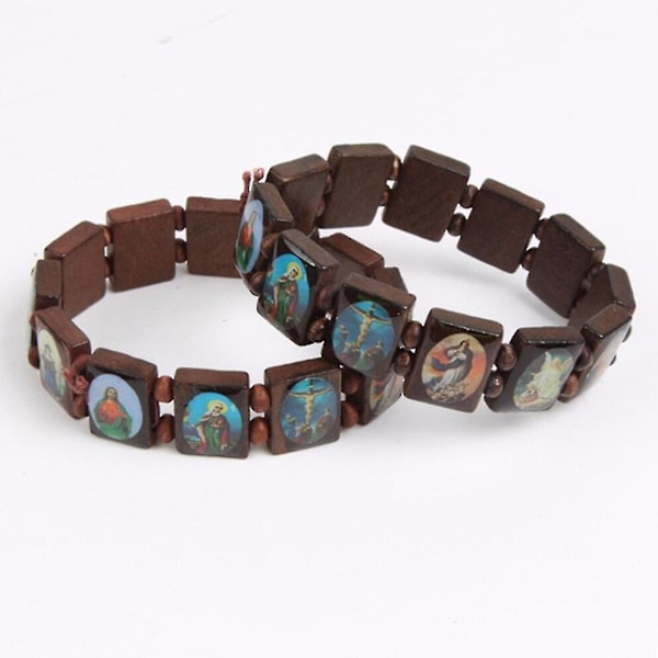 3-pack Jesus Armband Ängel Bangle Maria Religion Tro Trä Stretch Katolsk Ikon Välsignelse Smycken