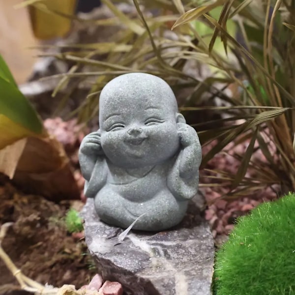 Charmerende Tegnefilm Buddha Statue med Blå Sten Sand Bonsai & Falsk Stenhugning - Perfekt til Skrivebord, Sæt af 4