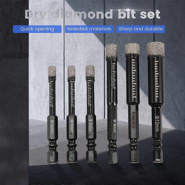 6 stk. sorte tørre diamantbor sæt til granit, keramik, marmor, fliser, sten, glas, hårde materialer 5/6/