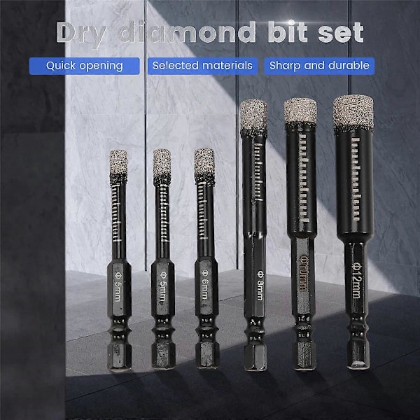 6st Svart Torr Diamantborrsats för Granit Keramik Marmor Kakel Sten Glas Hårda Material 5/6/