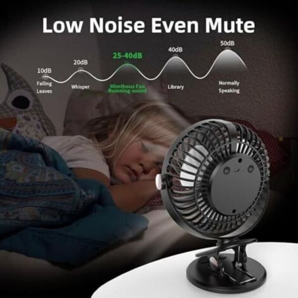Bordventilator. Mini lydløs USB-ventilator med LCD-skærm. Genopladelig bærbar ventilator. 5 ventilatorhastigheder.