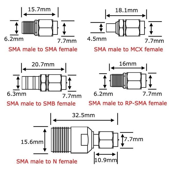 10-typset Sma-adapterkit Sma-hane till /bnc/uhf/mcx/smb/tv/tnc-hon raka nickelguldpläterade