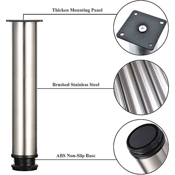 4 säädettävää jalkaa 300 mm korkeus Paksu kaappijalat Pöytäjalat Huonekalujalat, Harjattu ruostumaton teräs, Säädettävä korkeus 0-15 mm Toimitetaan ruostumattomasta teräksestä valmistettujen