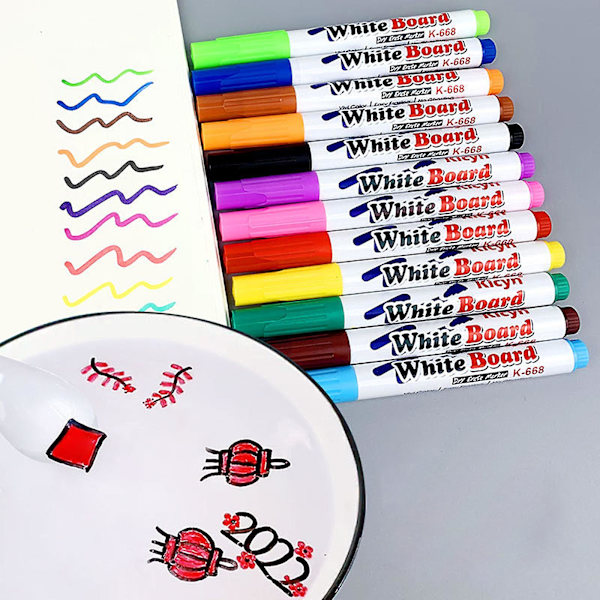 12-pack vattenbaserade whiteboardpennor utplånbar svart, röd, grön och blå färg tavla penna lätt att utplåna markör 10ml