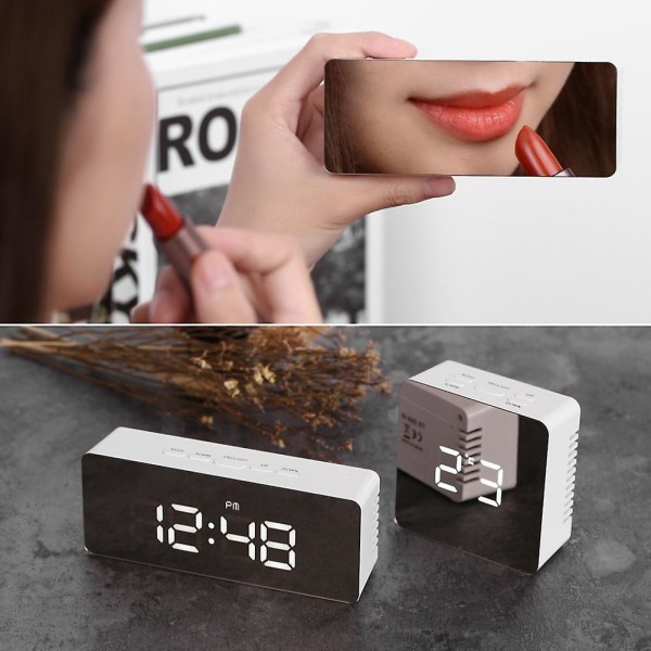 Rektangulär lysande digital LED-spegelklocka larm snooze-funktion termometer