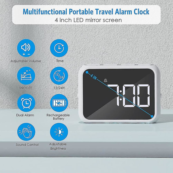 Digital väckarklocka, 4-tums LED-spegel digital klocka, justerbar ljusstyrka volym, display väggklocka