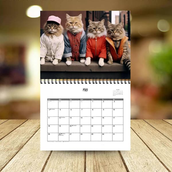 Stilig kattekalender 2026, 12-måneders kalender, Søt kattekalender, Kalender 2025