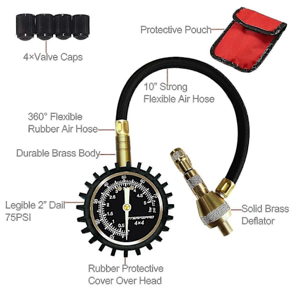 Dæktryksmåler, 2 I 1 Professionel Dæktryksmåler 75psi Med Speciel Chuck Til 4x4 Store Off Road Dæk