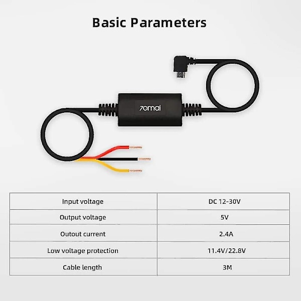 70mai Hardwire-kabelkit för 24 timmars parkeringsövervakning för A500, A800 & Dashcam Wide(midrive Up02