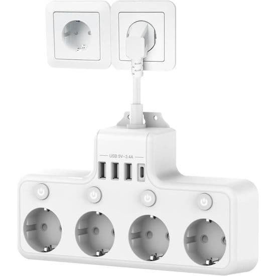 Largeight Strømskinne - 4 Udtag - 4000W - 16A - 4 Individuelle Afbrydere - 3 USB-A, 1 USB-C