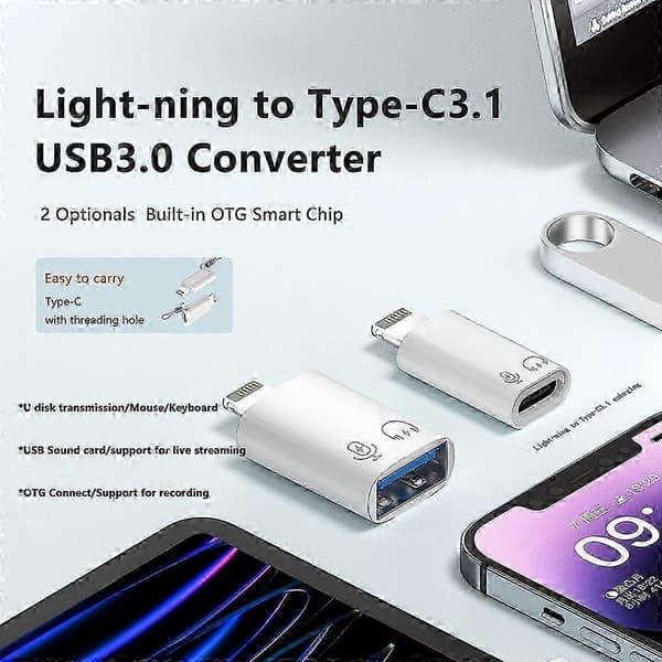 8-Pin Lightning til USB-C hun OTG-adapter, aluminiumslegeringskonverter til
