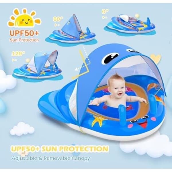 Babyflåte med UPF50+ solbeskyttelse, babybadeflåte med justerbart bilsete.