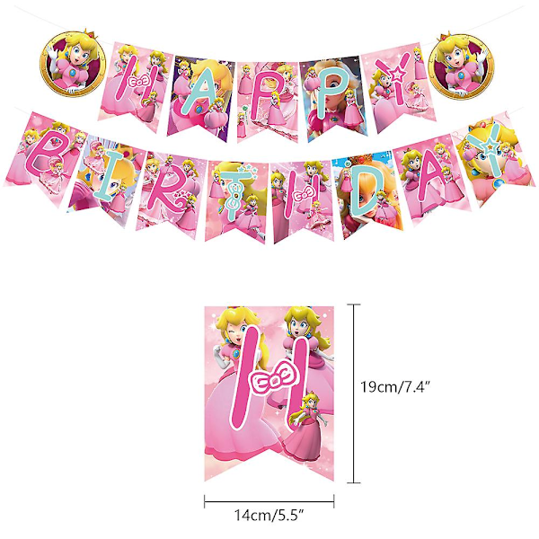 Prinsessa Peach -teemajuhlatarvikkeet - Ilmapalloja, lippuja, kakun koristeita, cupcake-koristeita ja lahjoja