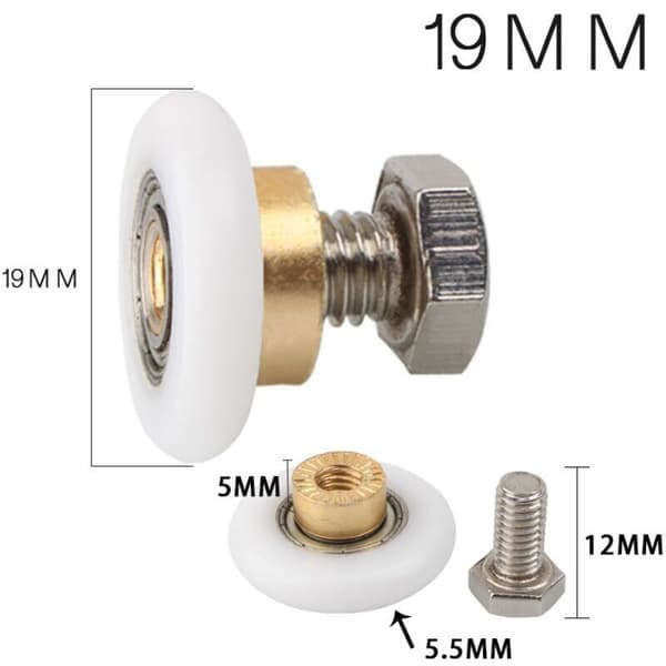 Sett med 4 erstatningshjul til dusjdør, 19 mm diameter