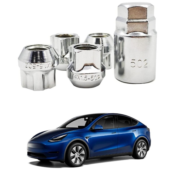 4 st. Krom M14X1.5 Stöldskyddande Hjulbultar Koniska Säte Hjulbultar+Nycklar för Tesla Model S/3/X/Y Hjul M14 x 1.5