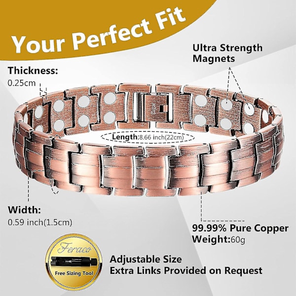 Mænds Kobber Magnetisk Armbånd Elegant 99,99% Solid Kobber Armbånd Med Dobbelt-række Stærke Magneter, Magnetisk Feltterapi Smykker (kobber)