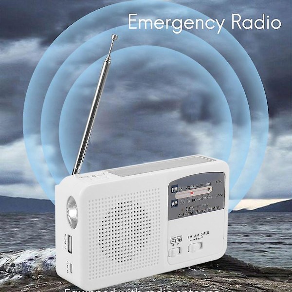 Nödradio med sol- och handvev, batteridriven USB-laddning, FM/AM-radio, LED-blixt
