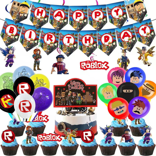 Roblox Birthday Party Supplies, Virtual World Party Decorations Set inkluderar banner, ballonger, tårta/cupcake toppers, hängande spiral, Game Party Favor