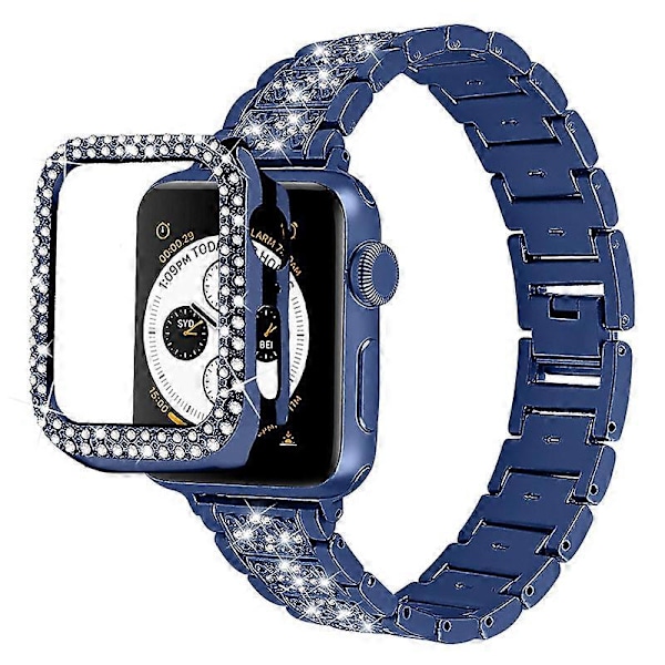 Stilful Rhinestone Dekoration 3 Perler Rustfrit Stål Urrem + PC Urkasse Beskyttelsesdækning til Apple Watch Series 6/5/4/SE 44mm - Blå